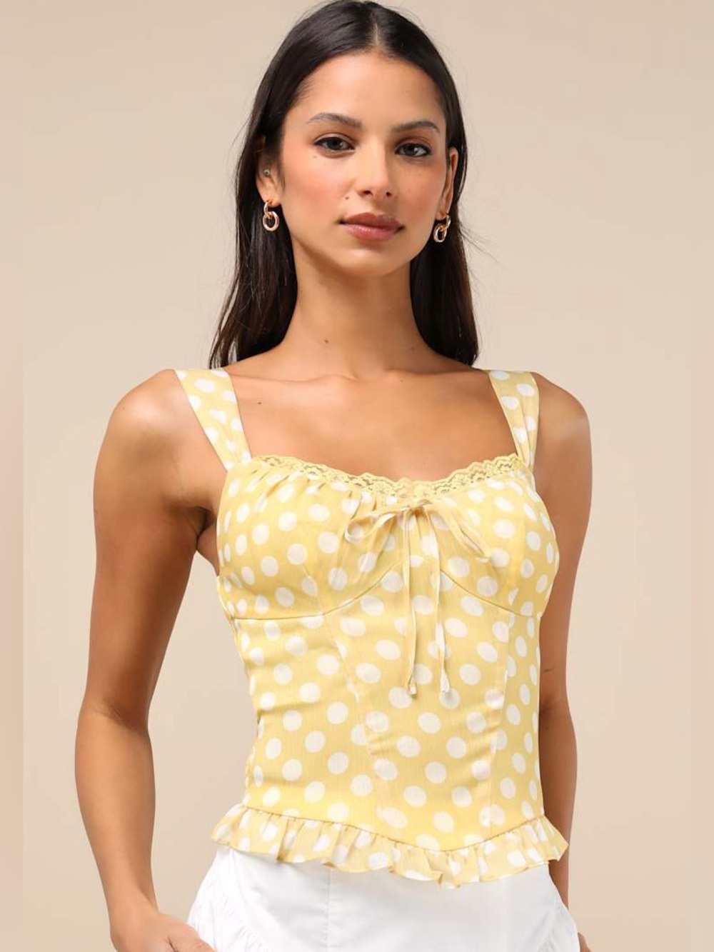 Lulus Luci Yellow Polka Dot Ruffled Tank Top